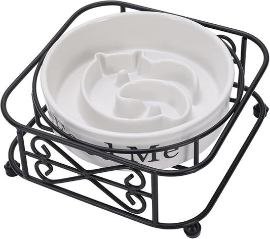 Geyecete Slow Feeder cat Bowl Raised Ceramic Ceramic cat Slow Feeder Elevated Cat Plate with Stand Slow Bowl for Wet and Dry Food,Friendly Pet Feeder