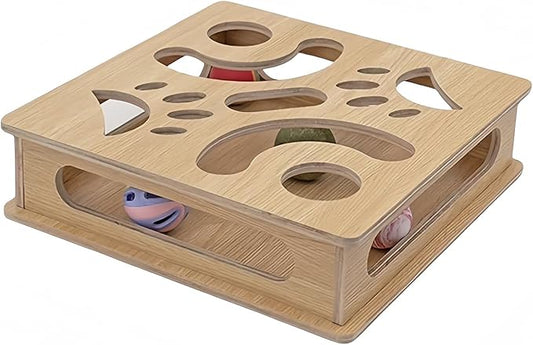 Interactive Wooden Cat Puzzle Toy Box with 4 Balls Interactive Cat Toy for Indoor Cats Indoor Hunting Play Toy Treat Puzzle Toys for Cats