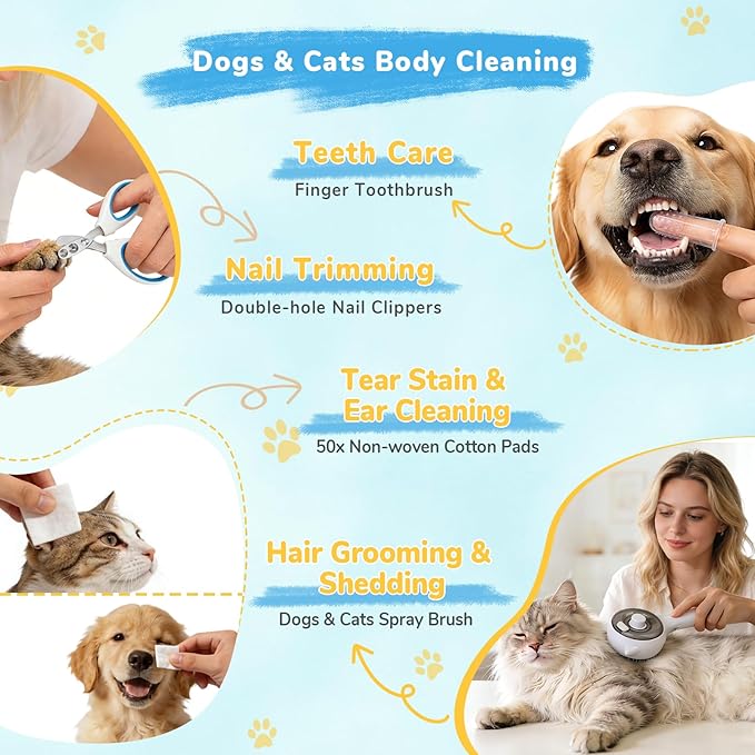 10in1 Pet Mist Spray Brush for Cat & Dog, Hair Health & Grooming Set with 100ml Waterless Shampoo, Nail Clippers, Toothbrush, Comb, Cat Scratcher with Catnip, Eye Ear Paw Dry Wipes & Gloves, Gift-Set