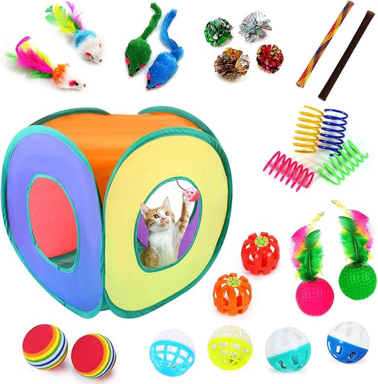 25-Piece Cat Toys Kit with Rainbow Cube Tunnel - Interactive Cat Toy Bundle for Indoor Cats, Kitten Playtime Variety Set Includes Springs, Balls, Mice & Noise Toys