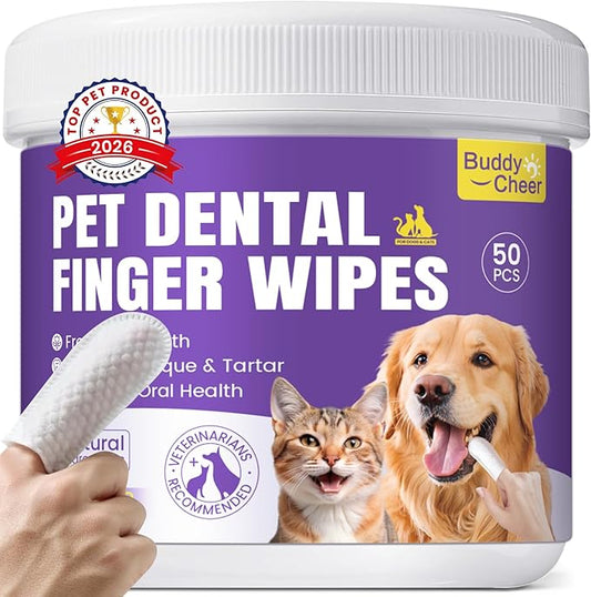 No-Rinse Dog Dental Care Wipes, Cat & Dog tooth brushing kit, Dog Wipes for Pet & Cat Teeth Cleaning, Dog toothbrush Finger Dental Wipes to Remove Plaque & Tartar, Disposable Dog Wipes - 50 Count