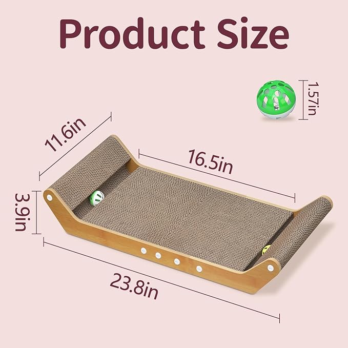 Meowker Modern Cat Scratcher Pad Cardboard for Indoor, 23.8" Scratching Lounger Board with Ball Track for Kittens & Large Cats, 3 in 1 Floor Horizontal Bed for Furniture Protection