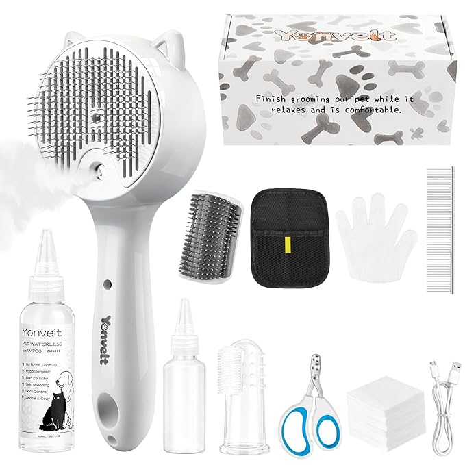 10in1 Pet Mist Spray Brush for Cat & Dog, Hair Health & Grooming Set with 100ml Waterless Shampoo, Nail Clippers, Toothbrush, Comb, Cat Scratcher with Catnip, Eye Ear Paw Dry Wipes & Gloves, Gift-Set