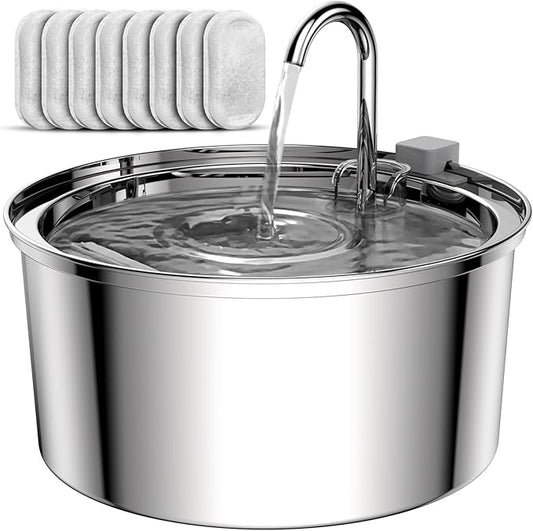 Tomxcute Cat Water Fountain, 3.2L/108oz Automatic Stainless Steel Pet Fountain Dog Water Dispenser, Ultra-Quiet Pump and 3 Replacement Filters & for Cats, Dogs, Multiple Pets