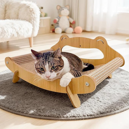 PetZen Garden Sisal Cat Scratcher Lounger Bed for Large Indoor Cats – Wooden Cat Scratch Pad, Durable Recliner Chair, Stylish Scratching Couch, 2-in-1 Scratcher & Lounger with Hammock (Large)