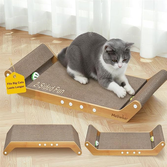Meowker Modern Cat Scratcher Pad Cardboard for Indoor, 23.8" Scratching Lounger Board with Ball Track for Kittens & Large Cats, 3 in 1 Floor Horizontal Bed for Furniture Protection