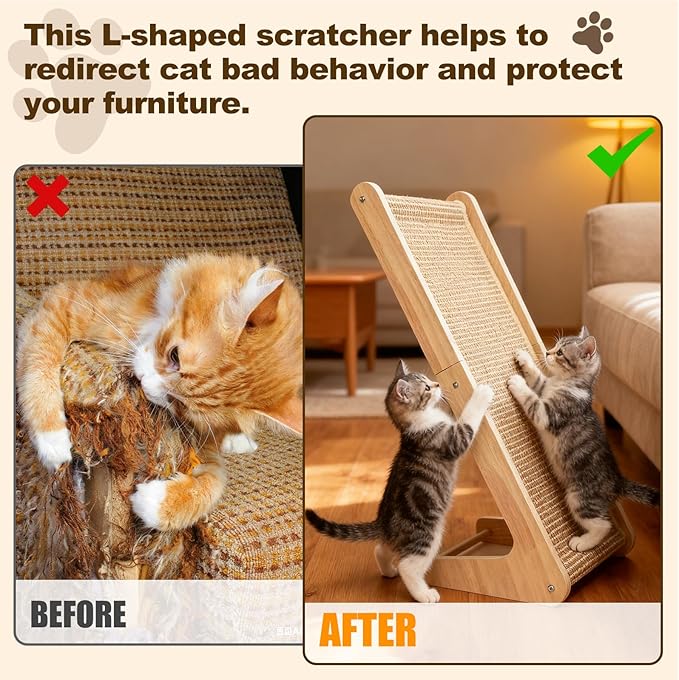 Paceray Cat Scratcher, Sisal Cat Scratcher Ramp, 27 inch L Shape Scratch Pad for Indoor Cats, Wall Furniture Protector(Large)