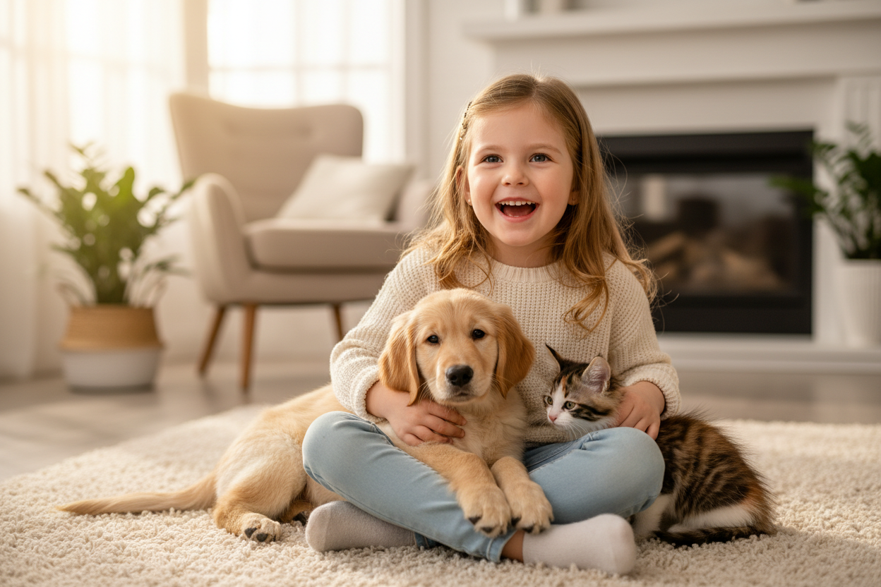 강아지와 고양이  그리고 사랑스러운 여자아이. 실제 사진처럼